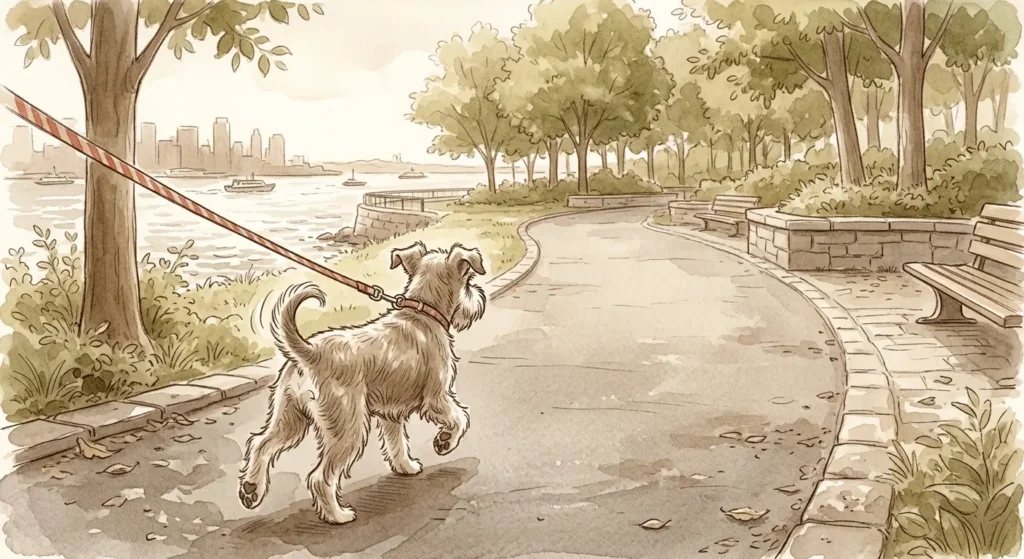公園を歩くアメリカの犬