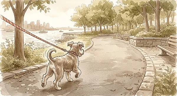 公園を歩くアメリカの犬